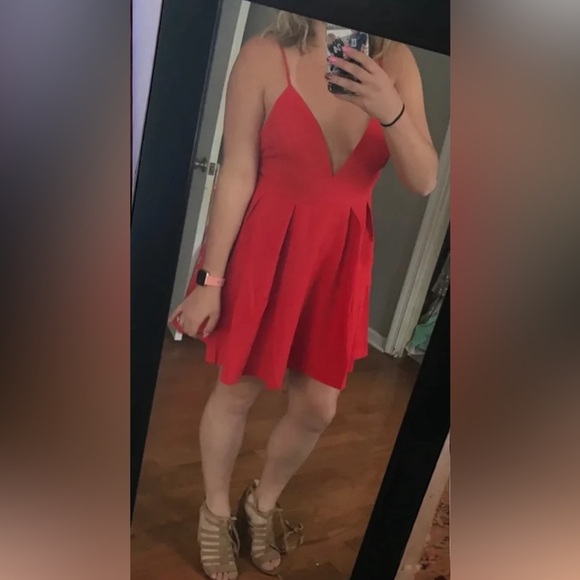 Lulus Red V-Neck Spaghetti Strap Skater Dress | Fit & Flare Party Dress L - Picture 2 of 13